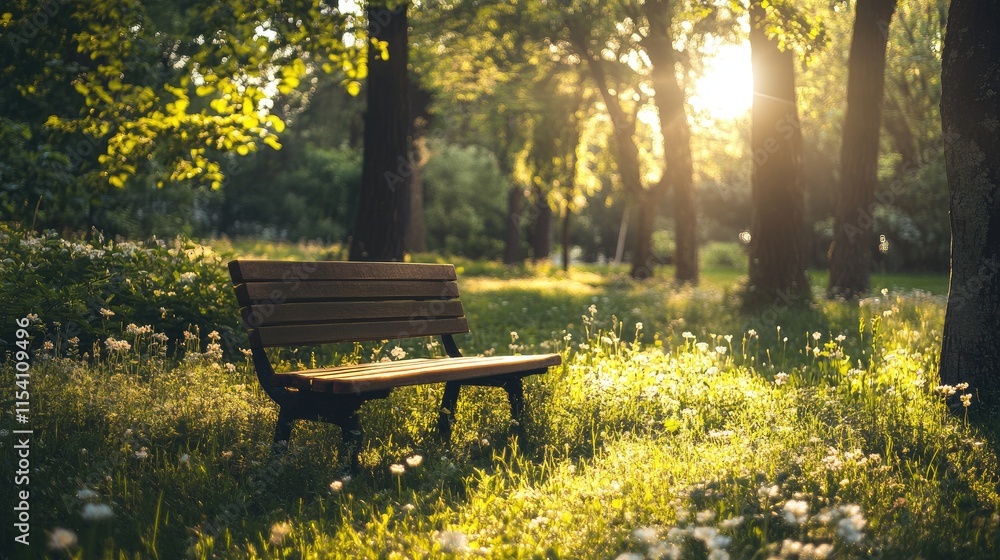 Poster serene park scene with a wooden bench surrounded by lush greenery and sunlight filtering through tre
