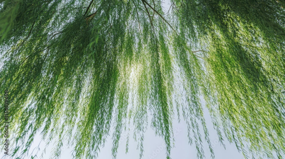 Aufkleber Abstract view of cascading willow branches against a foggy sky intricate patterns of green foliage and falling lines in serene nature setting
