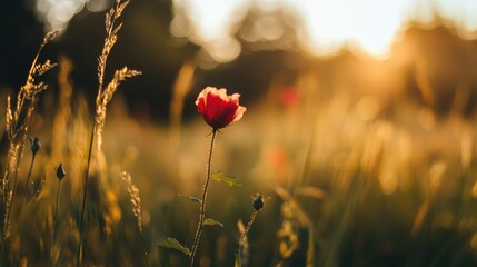 beautiful sunset over a blooming flower in a serene meadow with soft focusing creating a tranquil natural atmosphere