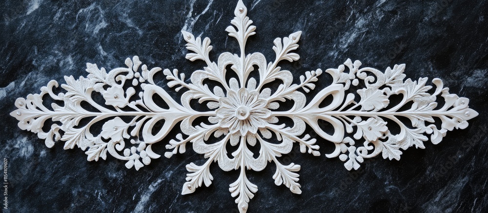 Poster intricate floral snowflake design on dark marble background