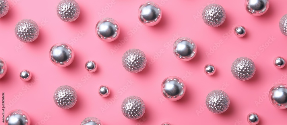 Poster Silver decorative balls arranged in a captivating pattern on a vibrant pink background creating a stylish flat lay composition