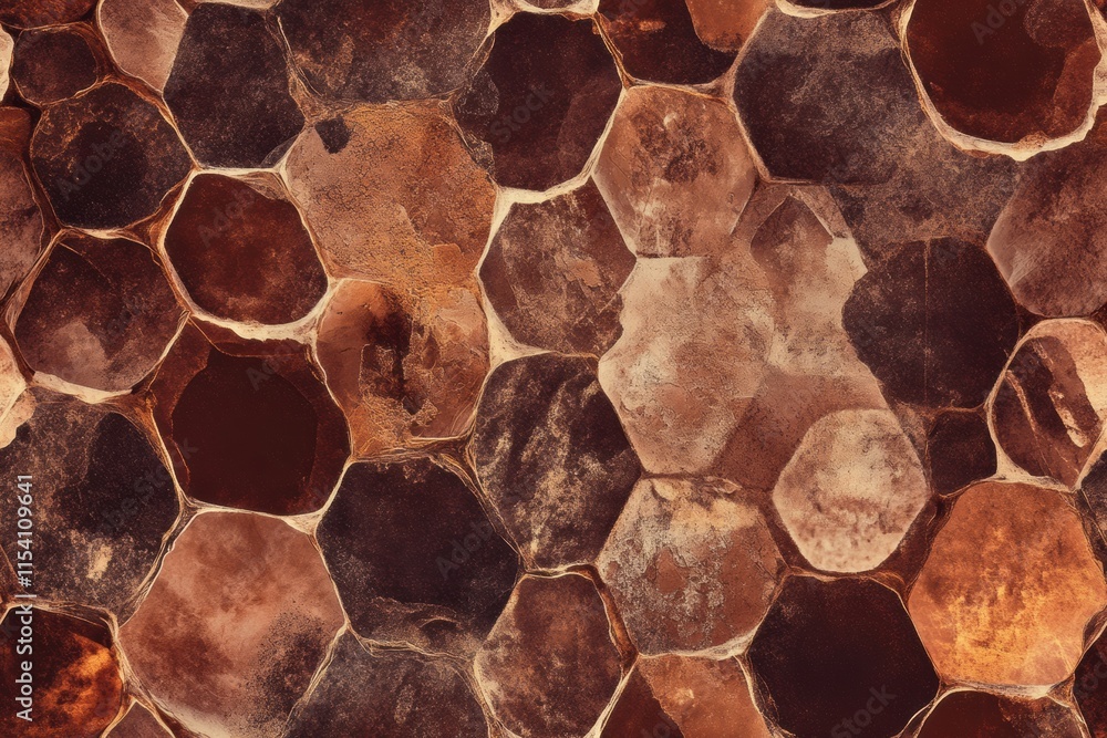 Poster artistic arrangement of hexagonal tiles with warm earthy tones on a textured surface enhancing inter
