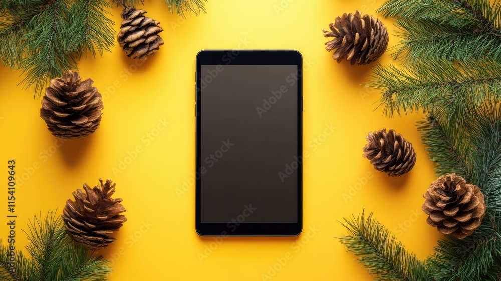 Poster digital tablet mockup on yellow background with rustic pine cones and greenery for app presentation 