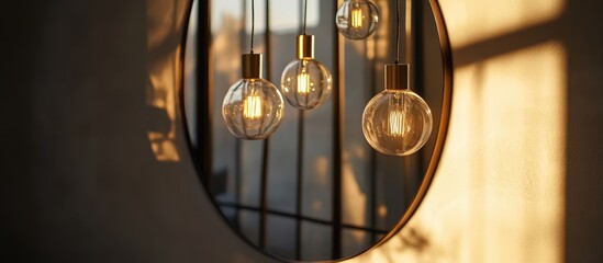 Elegant oval mirror capturing luminous light fixtures in a warm, inviting room with sunlight streaming through a nearby window