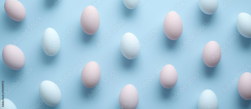 Aufkleber pastel colored easter eggs arranged on a soft blue backdrop in a flat lay style for festive spring c