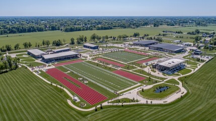 Aerial view of a modern campus with sports fields and landscaped areas.