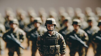 Detailed Focus on Single Soldier Figure Surrounded by Military Toy Troops Capturing the Essence of Valor, Discipline, and Unity in a Miniature Battlefield Scene