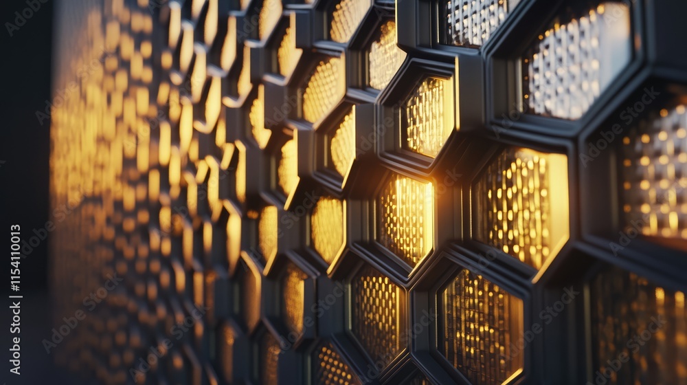 Aufkleber Honeycomb structure wall illuminated by sunlight showcasing intricate patterns and textures in a modern architectural design setting