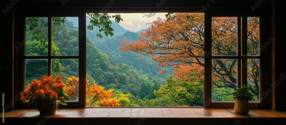 Poster cozy window view showcasing vibrant autumn foliage and lush mountains inviting the tranquility of na