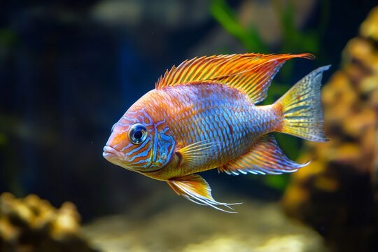 Colorful golden mbuna cichlid swimming elegantly in a vibrant freshwater aquarium