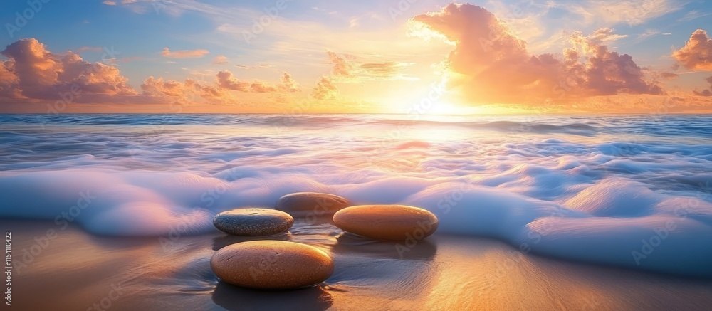 Aufkleber Pebbles on a serene beach at sunrise with gentle waves creating a soothing atmosphere and vibrant clouds in the sky