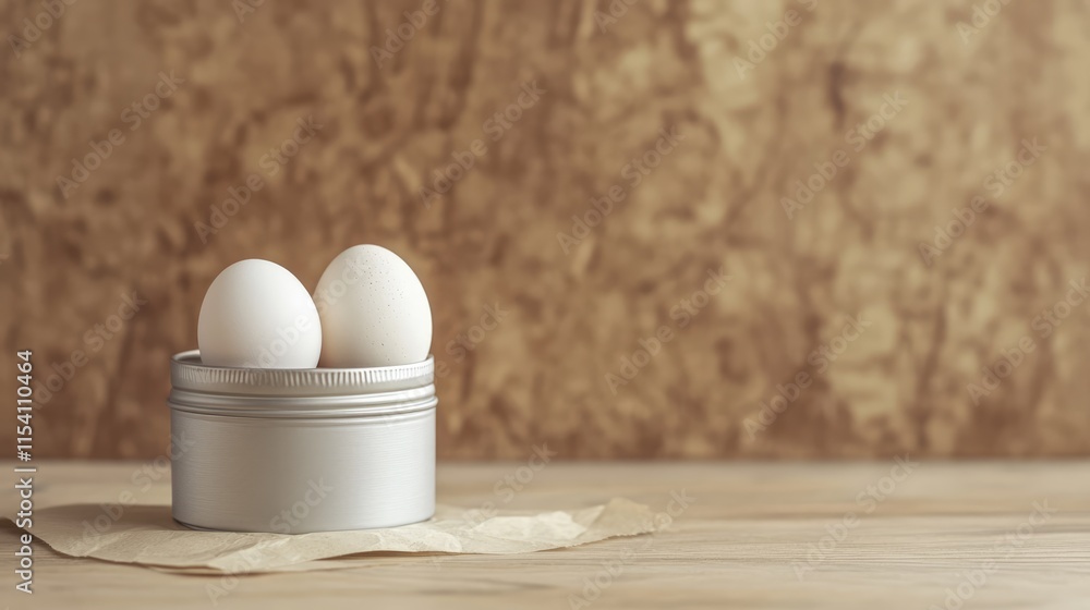 Aufkleber organic white eggs placed in a metallic container on a natural wooden surface with textured paper ba