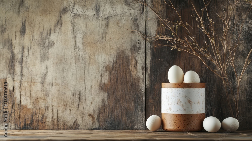Aufkleber organic white eggs in a rustic canister with a wooden and paper backdrop offering ample copy space f