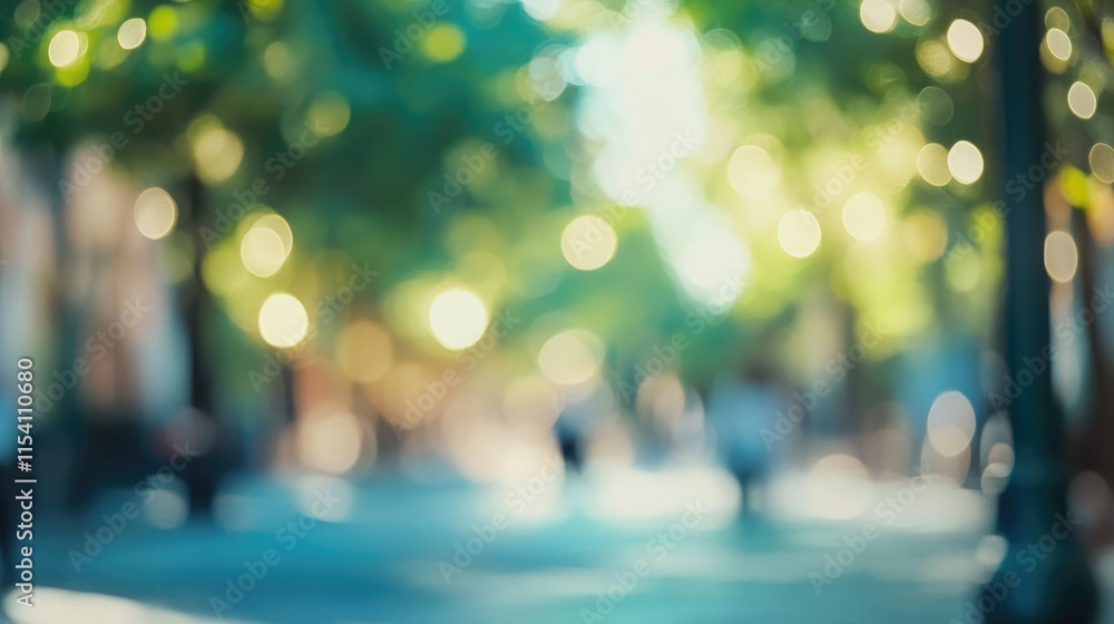 Aufkleber Blurred outdoor scene with soft bokeh from trees and lights creating a serene and dreamy atmosphere in an urban setting.