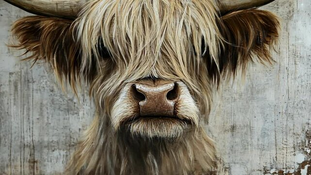 Close-up view of a Highland cow with long hair showcasing intricate details in its expression and texture