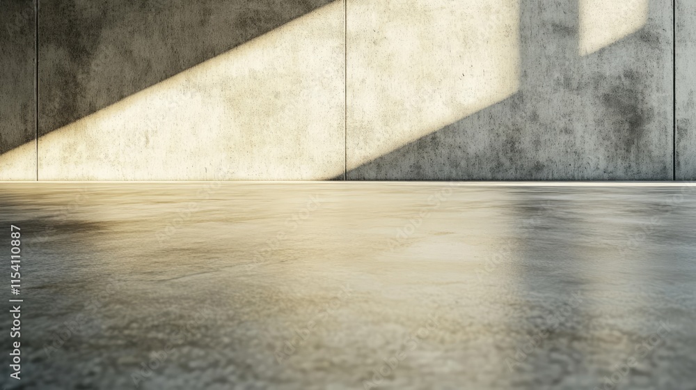 Poster Polished concrete floor and wall texture with natural light and shadow patterns in a minimalist outdoor setting