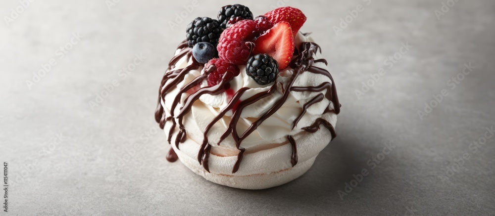 Poster pavlova cake with cream cheese topping chocolate drizzle and fresh mixed berries on grey background