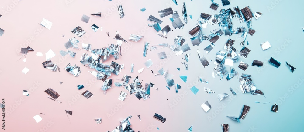 Poster glistening silver confetti scattered on a soft pastel background creating a festive and celebratory 