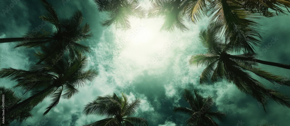 Aufkleber silhouetted palm trees framing a dramatic sky with sunlight peeking through tropical foliage creatin