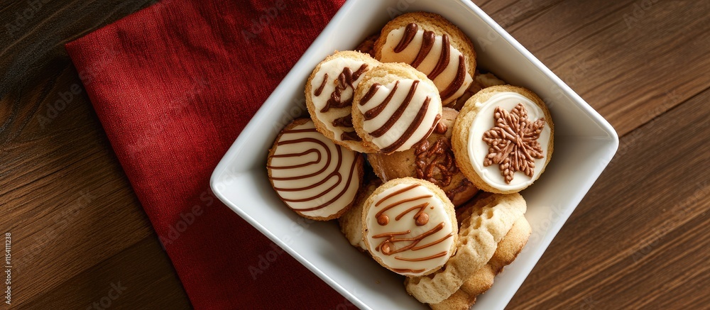 Poster assorted homemade iced cookies arranged in a white bowl with a red napkin showcasing a colorful vari