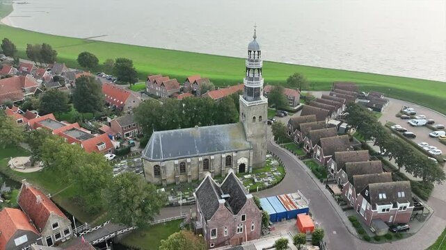 Aerial from the historical church in Hindeloopen in the Netherlands