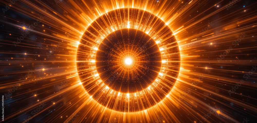 Poster bright golden rays radiate from a central point, creating a circular pattern against a backdrop of s