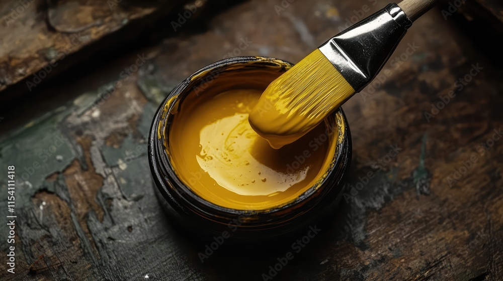 Poster closeup of paintbrush dipped in vibrant yellow paint inside a jar on a rustic wooden surface highlig