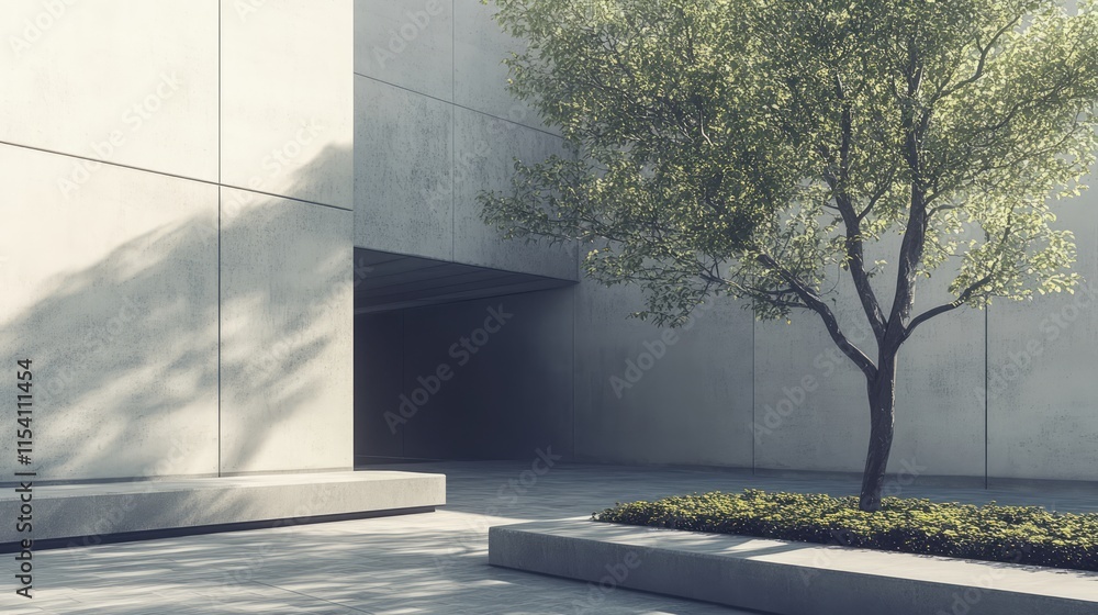 Poster Modern building exterior with minimalist design and tree in courtyard creating a serene urban landscape showcasing architecture and nature harmony.