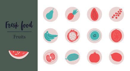 Appetizing fruit and berries collection. Decorative abstract horizontal banner with colorful doodles. Hand-drawn modern illustrations with fruit and berries, abstract elements. Abstract series	
