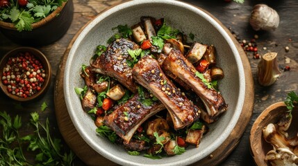 Savory oriental sticky pork spare ribs served in a bowl garnished with fresh herbs and spices on a rustic wooden table