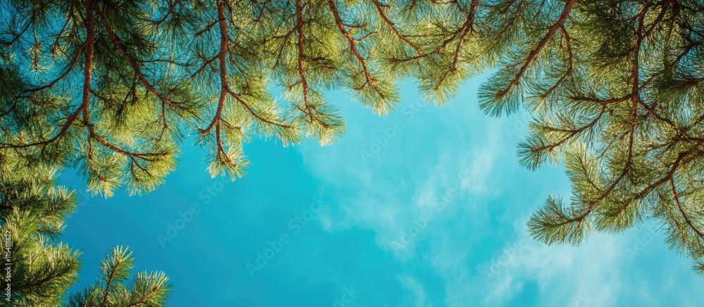 Poster Panoramic view of conifer branches against a bright blue sky creating a natural textured backdrop for design and print projects.