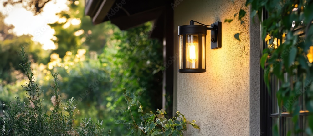 Poster Elegant outdoor wall light fixture highlighting design and functionality against a backdrop of greenery at dusk with warm illuminating glow.