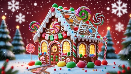 Festive Gingerbread House Illustration with Lollipops and Icing Details