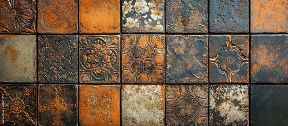 Poster vintage earthenware tiles featuring detailed textures and patterns in an artistic selective view for