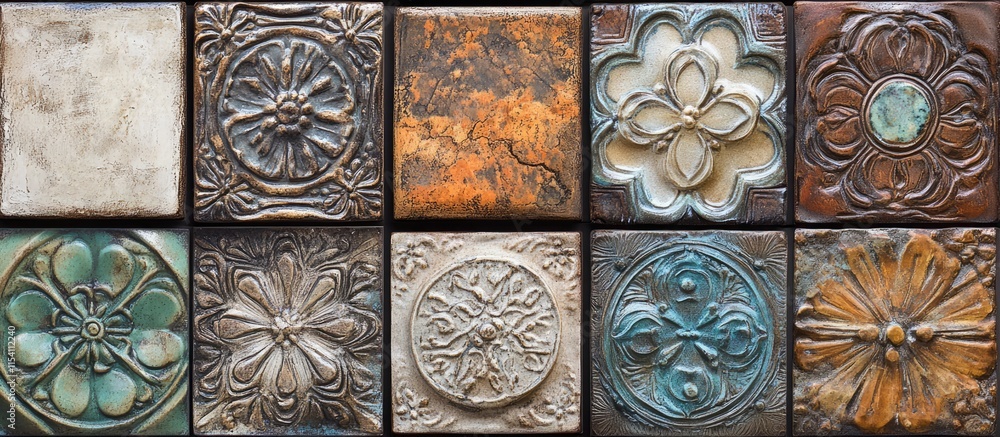 Aufkleber intricate earthenware tiles with unique designs and textures arranged in a selective view for decora