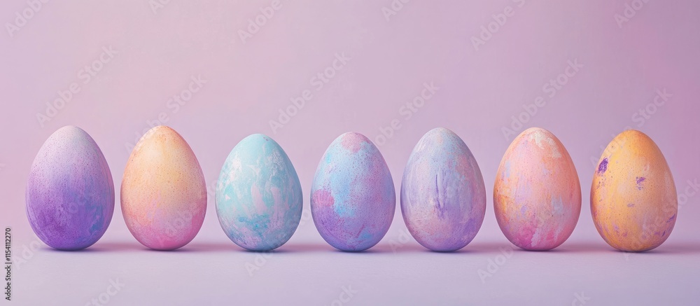 Poster decorative pastel painted eggs arranged on a soft purple backdrop for festive spring or easter theme