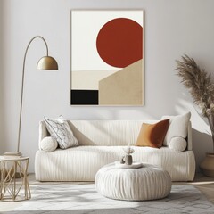 Modern Living Room Showcasing Abstract Wall Art With Earthy Tones and a Cozy Seating Arrangement in a Minimalist Design
