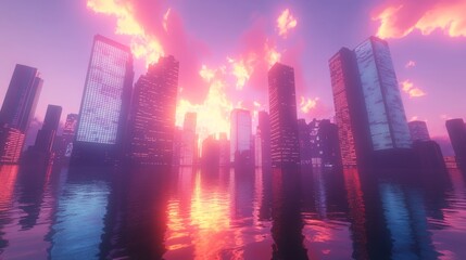 Obraz premium Sunset Over a Futuristic City Skyline Reflecting in Calm Waters Creates a Serene Atmosphere and Vibrant Colors at Dusk