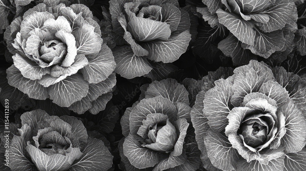Poster monochrome close-up of ornamental cabbage leaves showcasing intricate textures and patterns in a flo