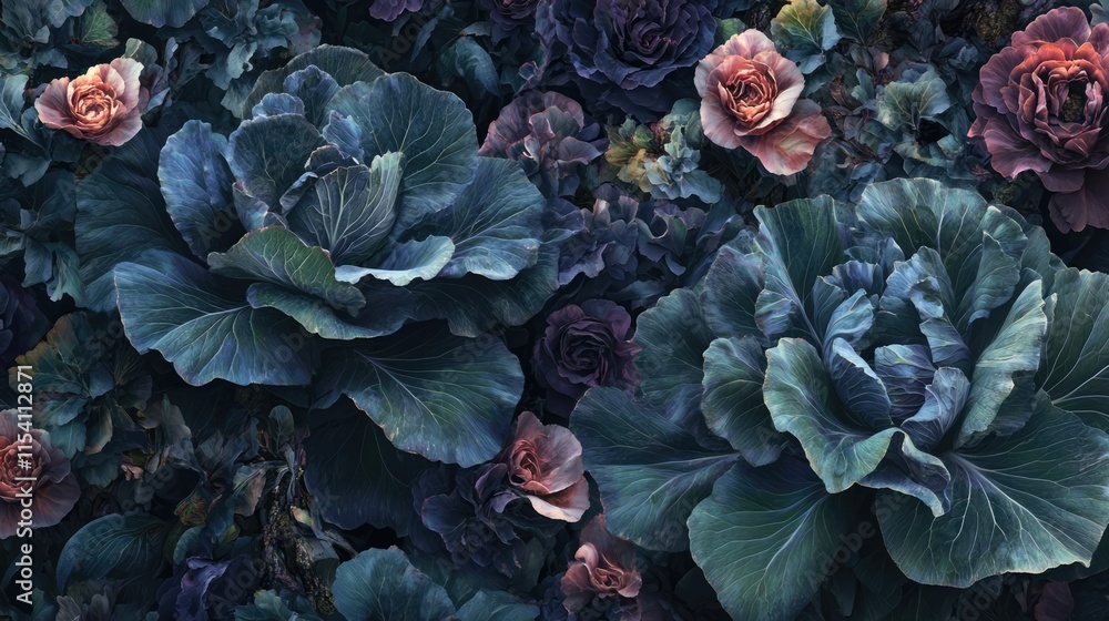 Poster ornamental cabbage plants with deep hues and intricate textures creating a lush, botanical backgroun