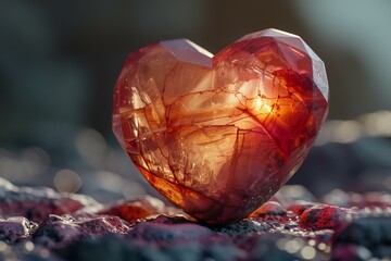 Red crystal heart glowing in sunlight, symbolizing love, healing, and spiritual energy