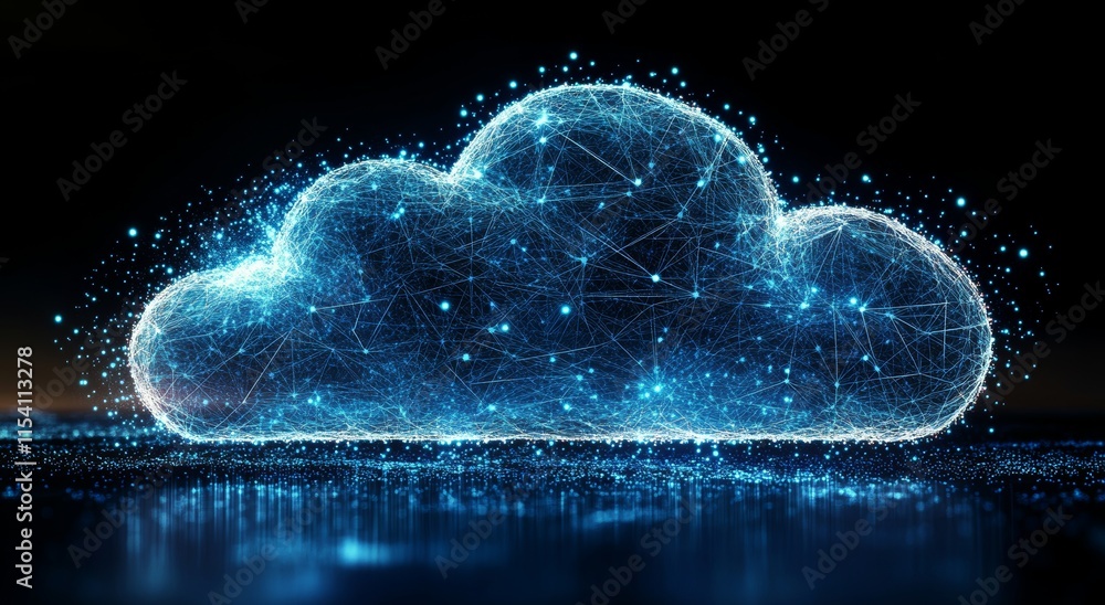 Poster digital cloud made of interconnected particles glowing against a dark background illustrating modern