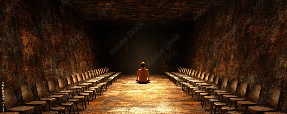 Poster a solitary figure sits in a dimly lit room with rows of empty chairs, evoking introspection.