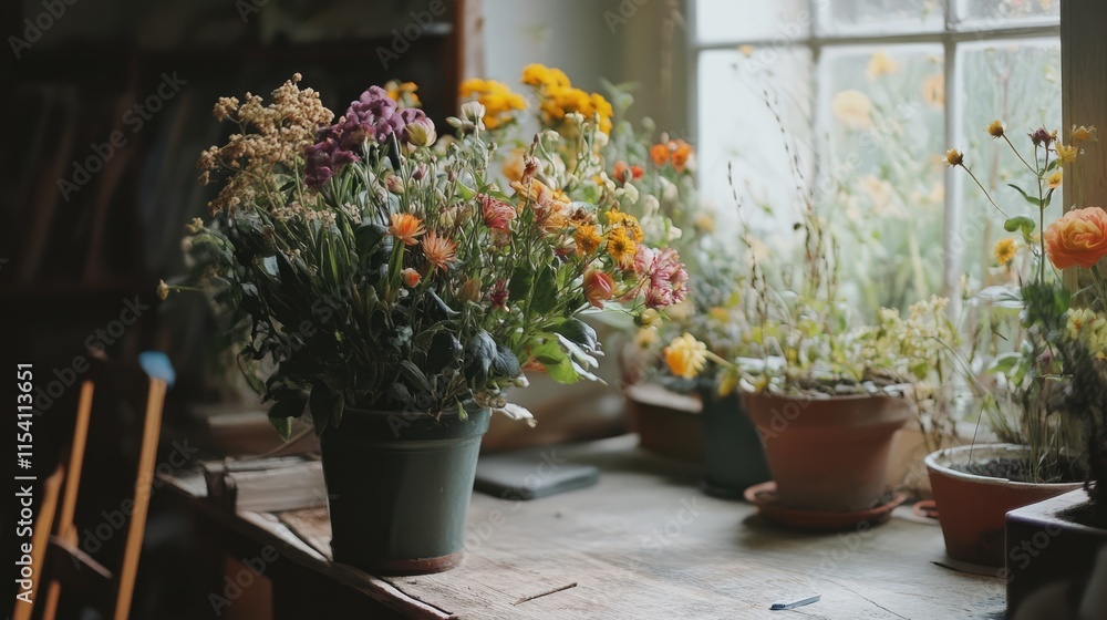 Poster decorative floral arrangement on a rustic work table with a window view showcasing natural light and