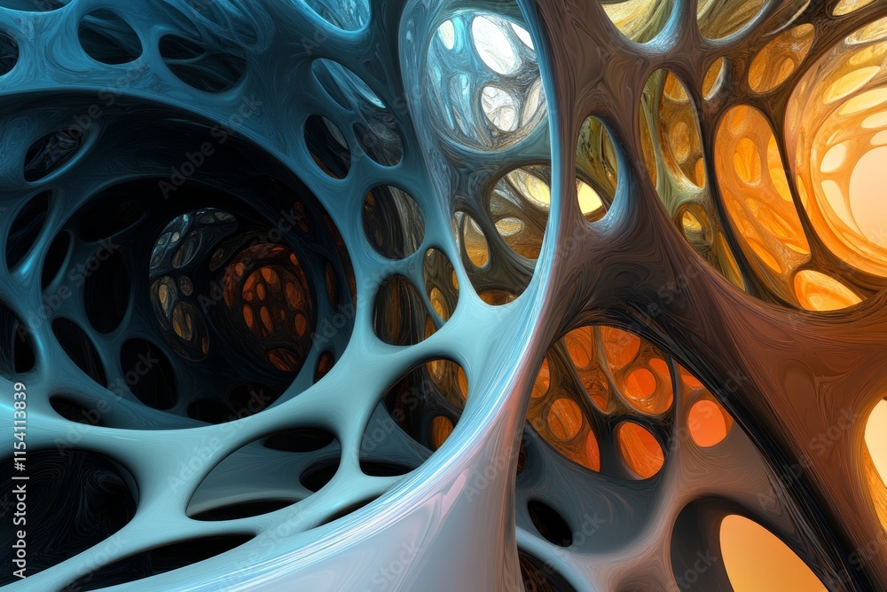 Poster intricate abstract design showcasing flowing shapes and vivid colors within a complex network set ag