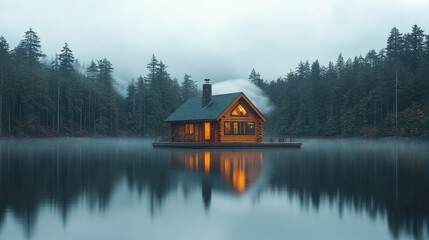 Fototapeta premium A serene wooden cabin on a calm lake surrounded by misty forest.