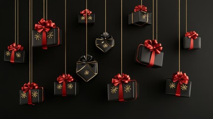 Decorative Black and Red Gift Boxes With Bows Suspended Against a Dark Background for Festive Celebrations