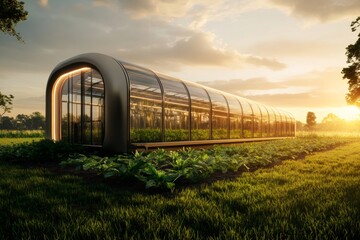 Naklejka premium Modern greenhouse at sunset showcasing crops and sustainable agriculture techniques