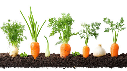 Carrots growing in soil with green leaves and fresh roots surrounded by grass and earth in a garden