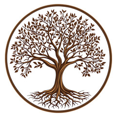 A simple brown tree with roots and leaves in a circle isolated on transparent background
